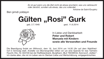 Traueranzeige von Gülten Rosi Gurk von Pegnitz-Zeitung